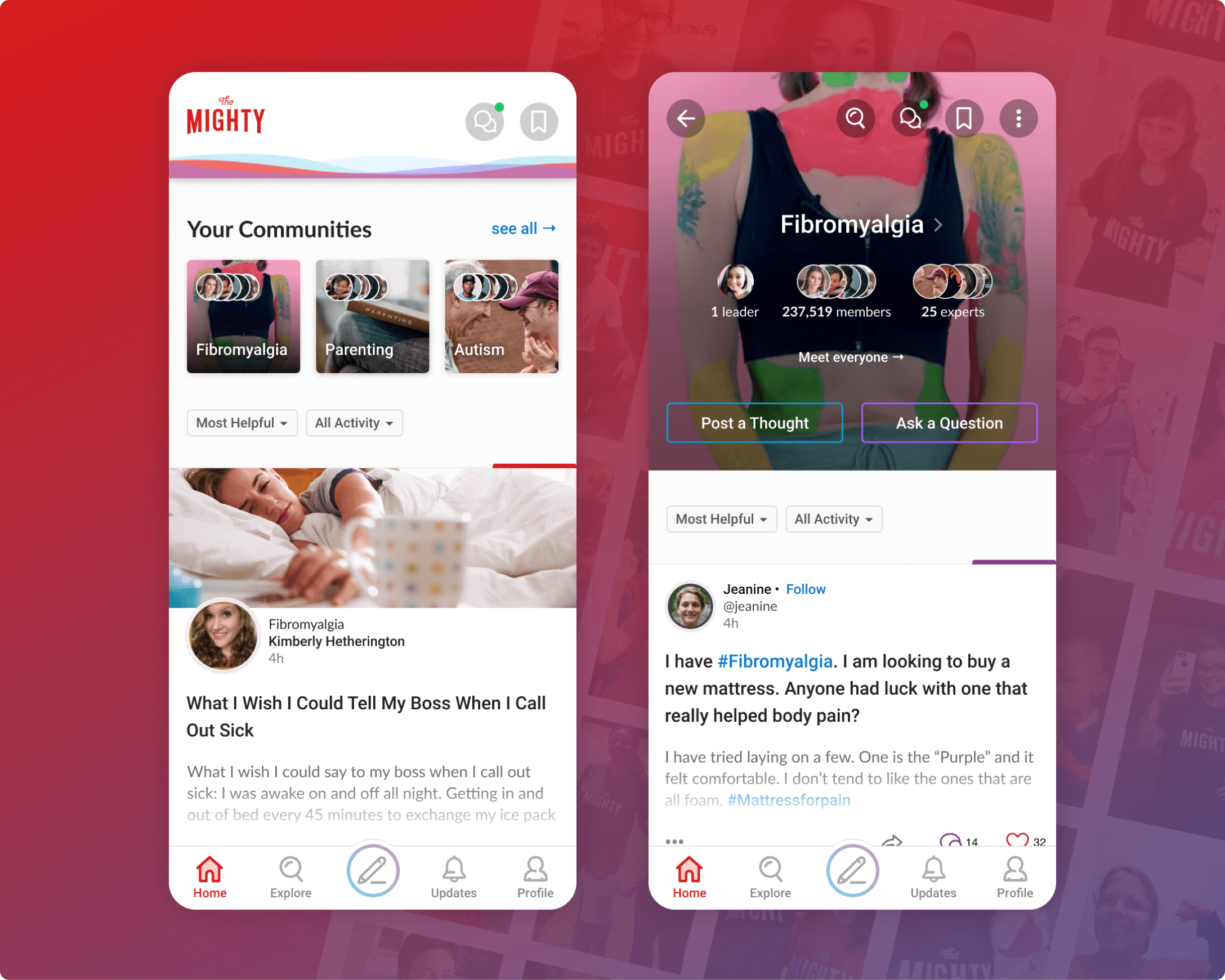 The Mighty mobile app screens showing communities and a Fibromyalgia community page