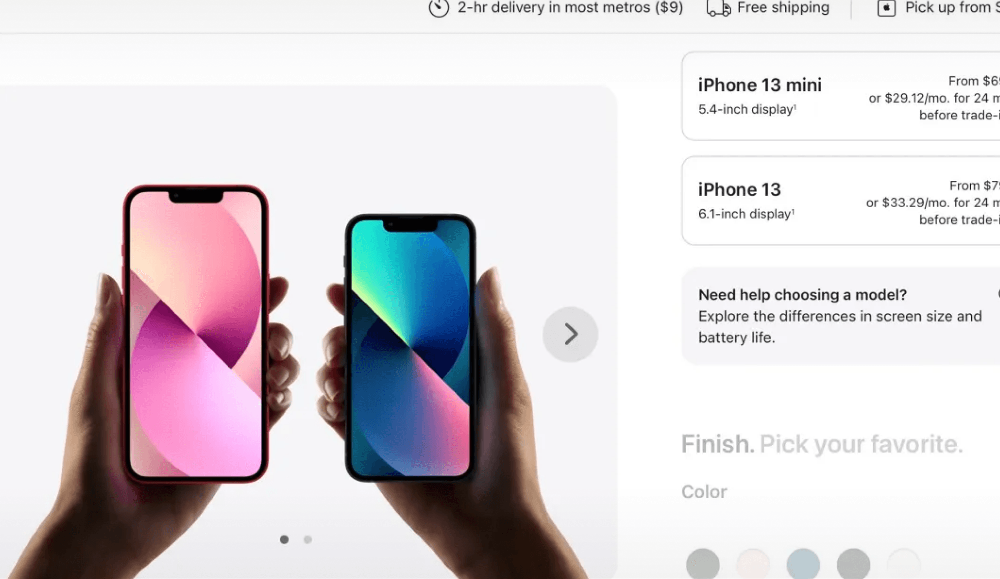 Hands holding iPhones beside Apple online store product selection UI