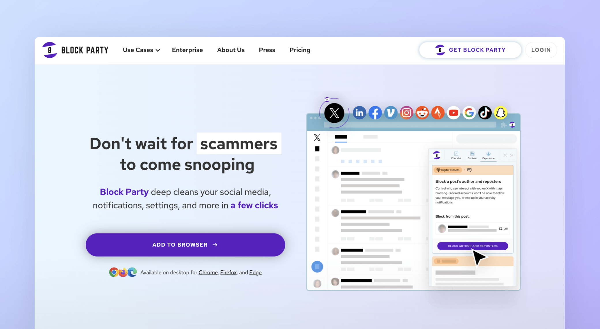 Block Party product homepage with privacy tools and social platforms