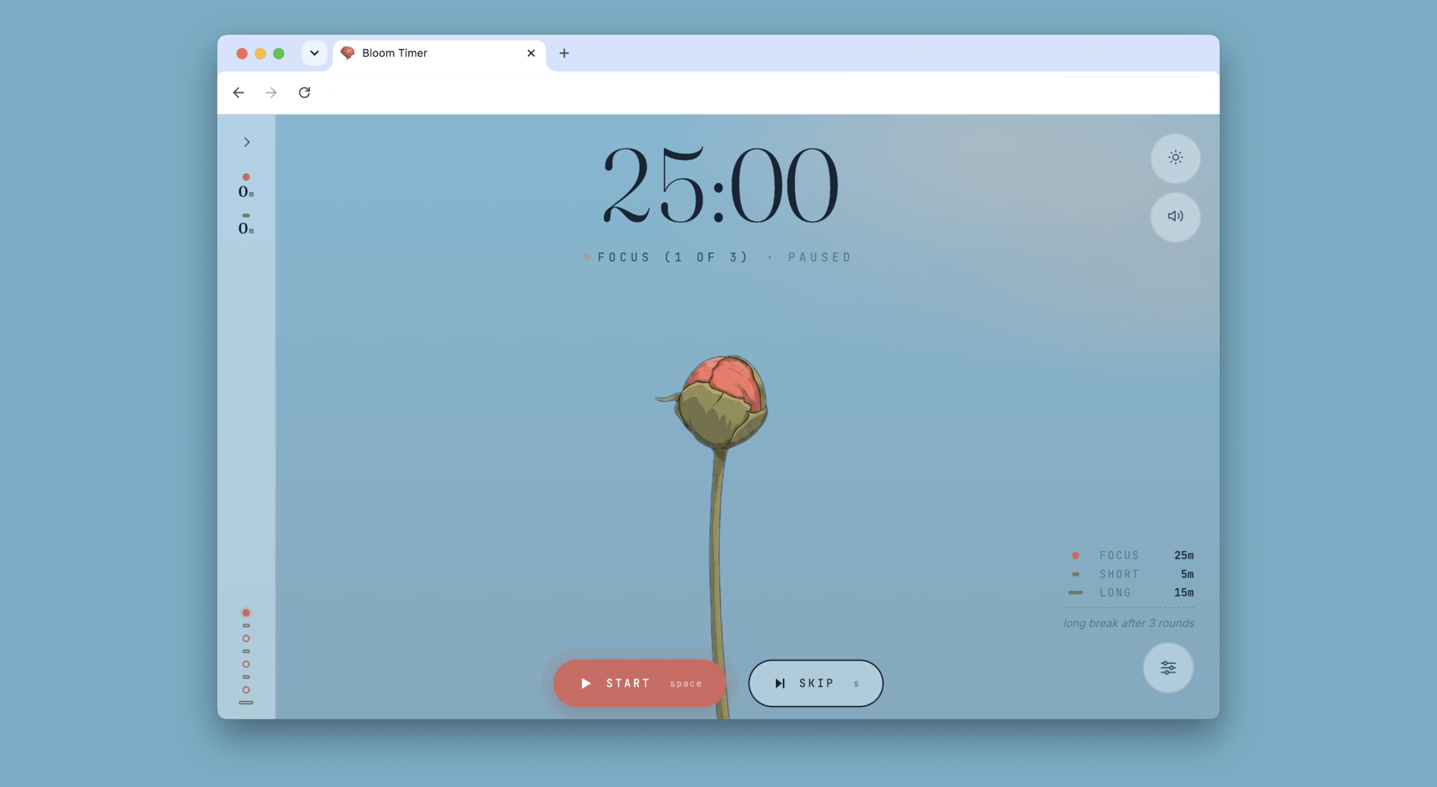 Bloom Timer focus session showing a flower bud and 25:00 countdown