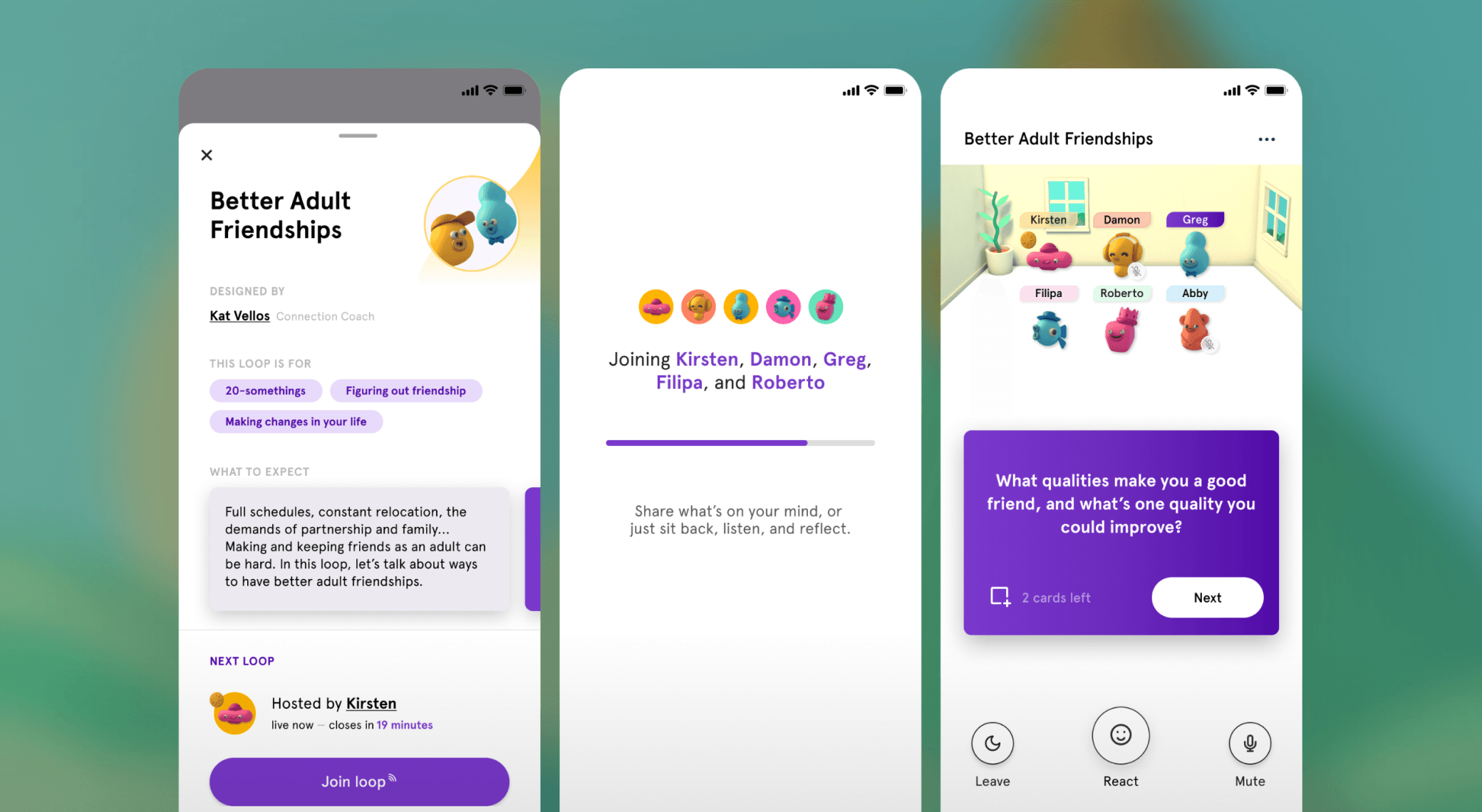 Loop app screens showing joining a friendship conversation and an in-session prompt