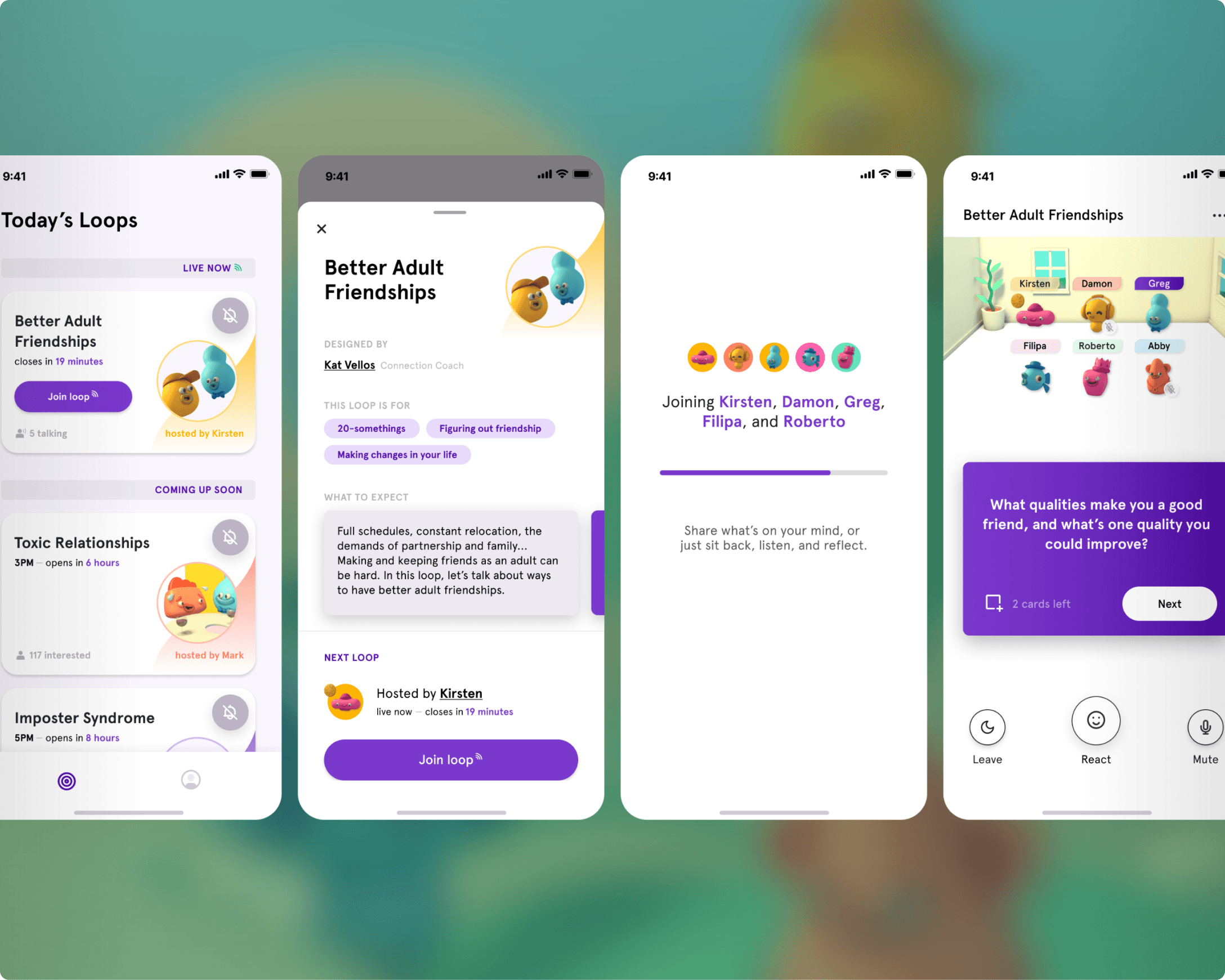 Loop app screens showing friendship conversations and in-session prompts