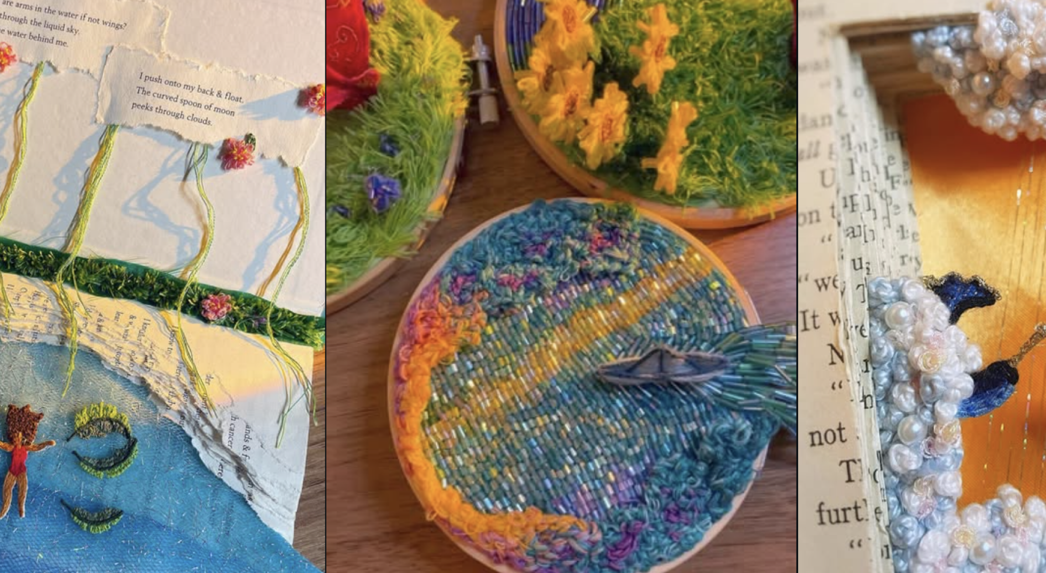 Textile art collage with embroidered book pages, beadwork embroidery hoops, and a carved book installation