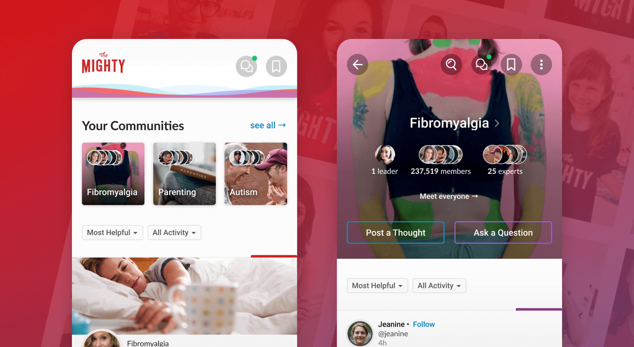 The Mighty mobile app screens showing communities and a Fibromyalgia community page