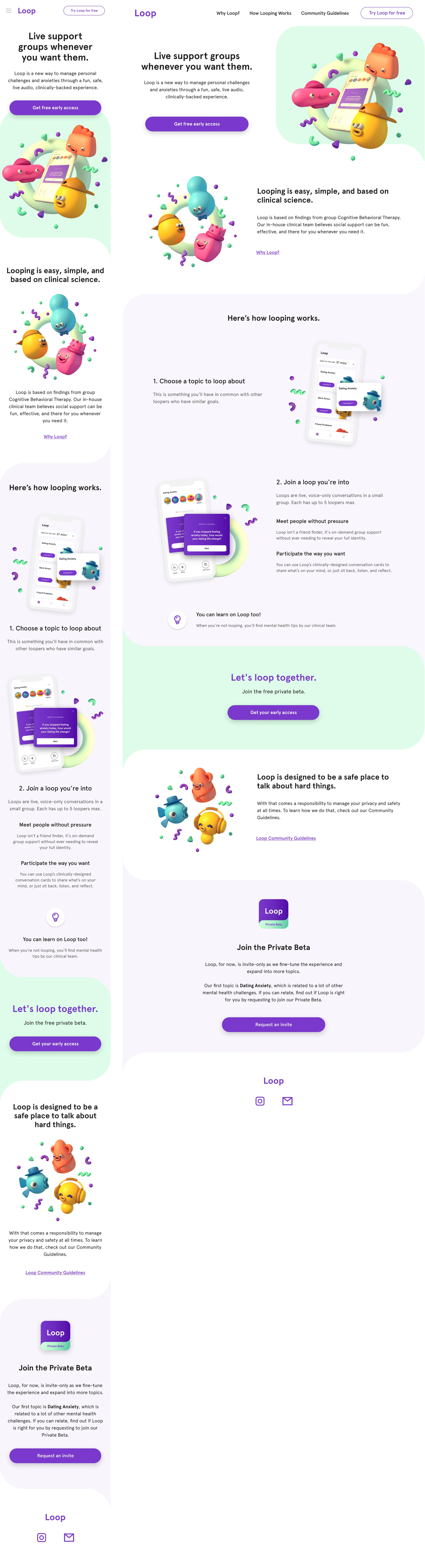 Loop brand design website and marketing layouts featuring character illustration and product UI